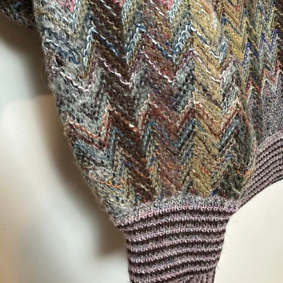 Vintage 90s Casalana Grandpa Sweater Chunky Knit Rainbow Chevron V Neck Medium - Picture 5 of 11